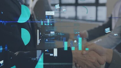 Animation of statistics and data processing over businessman handshake - Powered by Adobe