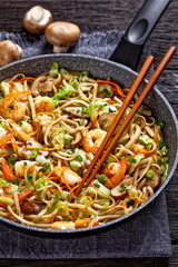 Prawn Yaki Udon with vegetables, top view