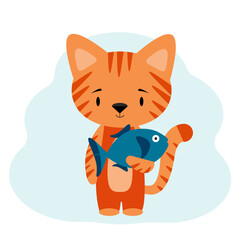 Postcard with a picture of a ginger cat and a blue fish in his hands