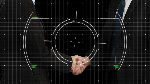 Animation of scope scanning over businessman handshake