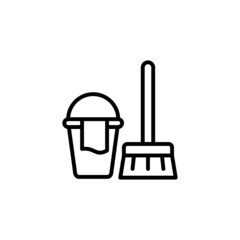 Manual broom and trash for cleaning. Black and white icon. Vector Illustration. Trash can with broom vector icon