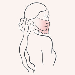 Woman east type in veil. Oriental woman in traditional costume. Vector illustration. Cute girl hiding face. Flamenco dancer wearing mask