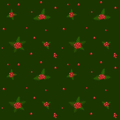 Pattern with illustration of Christmas holly plant. Christmas symbol