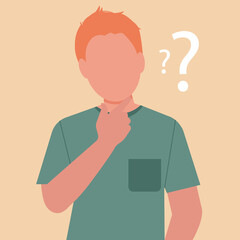 Fototapeta na wymiar Young man thinking suspiciously. Confused boy with question marks. Problem solving, discussion and information. Vector flat illustration.