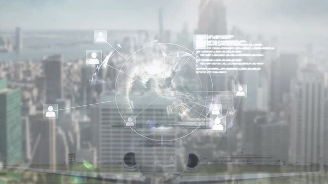 Animation of network of connections with globe over cityscape