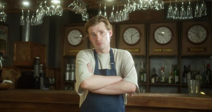 Portrait of man owner barman cafe or restaurants and business reopen after coronavirus quarantine is over. Small business post covid lockdown.