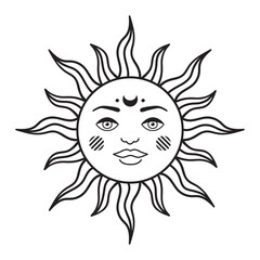 Bohemian illustration, celestial vintage design, sun with face, stylized drawing, tarot card. Mystical element
