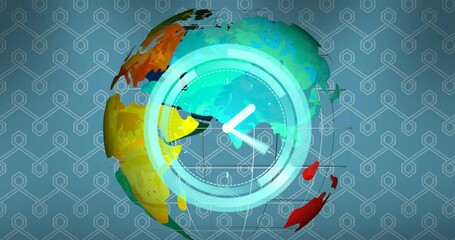 Neon digital clock ticking over spinning globe against seamless pattern design on blue background - Powered by Adobe