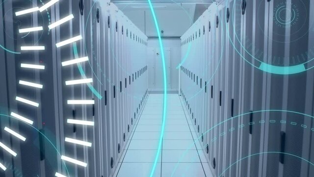 Multiple blue neon round scanners against empty server room