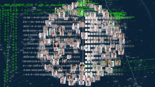 Digital animation of globe of business profile icons spinning and data processing on blue background
