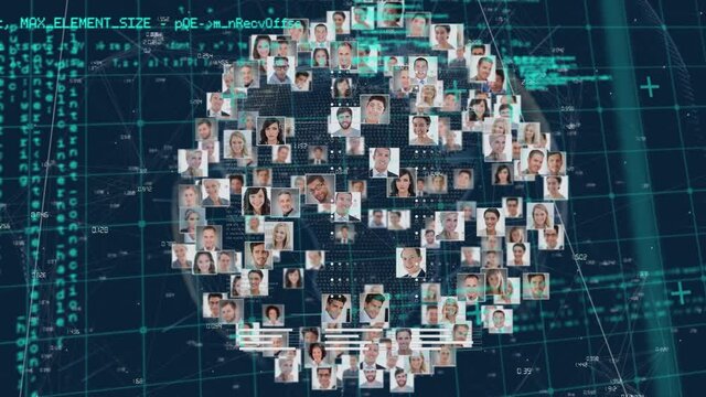 Digital animation of globe of business profile icons spinning and data processing on blue background