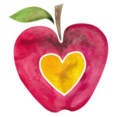 Watercolor apple, Apple slice, Fruit illustration, Apple with heart, Red fruit painting, Isolated hand-drawn illustration, A whole red apple with a cut out a heart shape