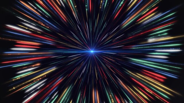 Hypnotic dot with rotating colorful rays. Animation. Bright multicolored rays circle around glowing point. Mesmerizing animation with rotating cosmic rays around colored star