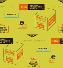Retro Film packaging seamless pattern background. Vintage colors, retro camera, vintage film, retro technology, retro feel