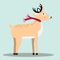 Deer illustration. Cute deer wearing a scarf. Forest animal. Vector illustration.