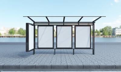 3D rendering of a bus stop with empty advertising boards for your images or text