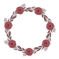 circle frame with blooming red roses and grey leaves border 