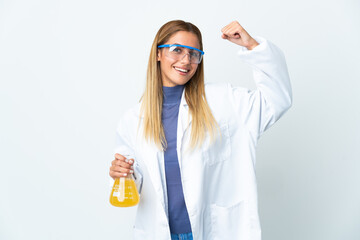 Young scientific woman isolated on white background doing strong gesture
