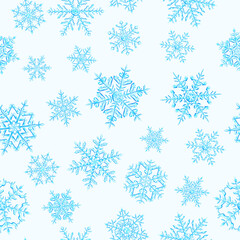 Seamless pattern of complex Christmas snowflakes in light blue colors on white background