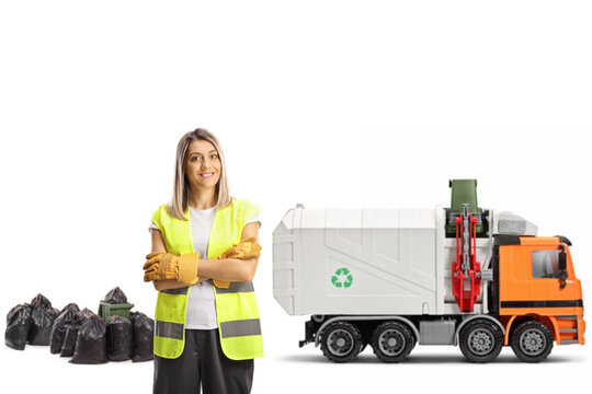 Female Waste Collector In A Uniform With A Garbage Truck