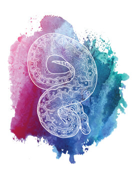 Royal python snake. Doodling coloring, meditative coloring. Patterns, dots, stripes. Cute animals.