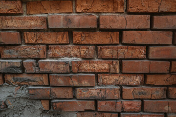 Red brick wall with irregularities. Textured background of the facade of an old house. The facade is uneven, frayed with cracks and mold. Design element. Copy space