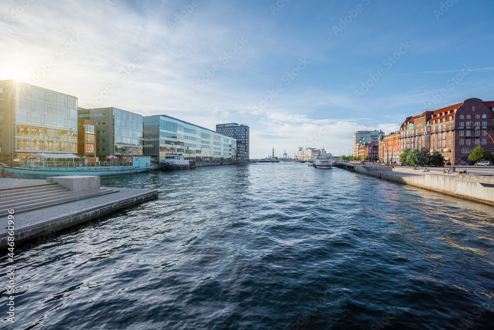 Poster malmo inner harbor with malmo university library building (orkanen) - malmo, sweden