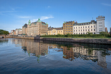 Fototapeta na wymiar Malmo old town view from Canal with Skanepalatset building - Malmo, Sweden