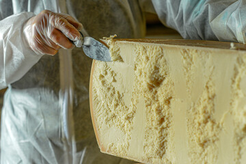 Cheese dairy master cutting a parmesan cheese wheel at the dairy