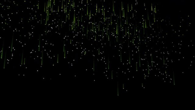 Concept of the digital age. Falling green binary numbers representing computer code. Green glowing computer generated zeros and ones fall vertically in random streams against the black background