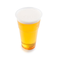 Beer, ale or lager in a plastic disposable cup