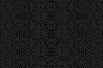 Obraz na płótnie Canvas 3D volumetric convex embossed geometric black background. Ethnic abstract oriental, asian, indian pattern with handmade elements, doodling technique.