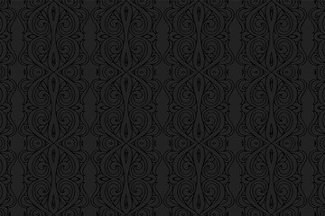 Obraz na płótnie Canvas 3D volumetric convex embossed geometric black background. Ethnic modern oriental, asian, indian pattern with handmade elements, doodling technique.