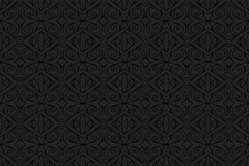 Obraz na płótnie Canvas 3D volumetric convex embossed geometric black background. Ethnic artistic oriental, Asian, Indian pattern with handmade elements, doodling technique.