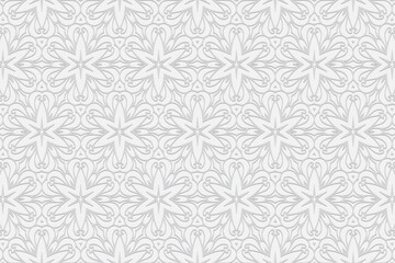 3D volumetric convex embossed geometric white background. Ethnic beautiful oriental, Asian, Indian pattern with handmade elements, doodling technique.