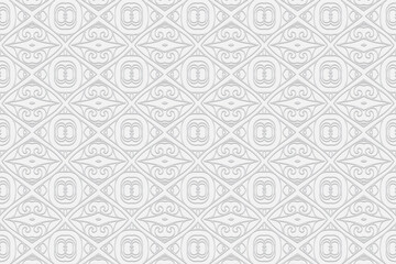 Fototapeta premium 3D volumetric convex embossed geometric white background. Ethnic trendy oriental, asian, indian pattern with handmade elements, doodling technique.