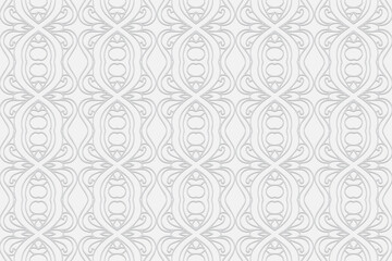 3D volumetric convex embossed geometric white background. Ethnic exotic oriental, Asian, Indian pattern with handmade elements, doodling technique.