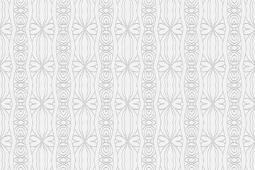 3D volumetric convex embossed geometric white background. Ethnic minimalist oriental, asian, indian pattern with handmade elements, doodling technique.