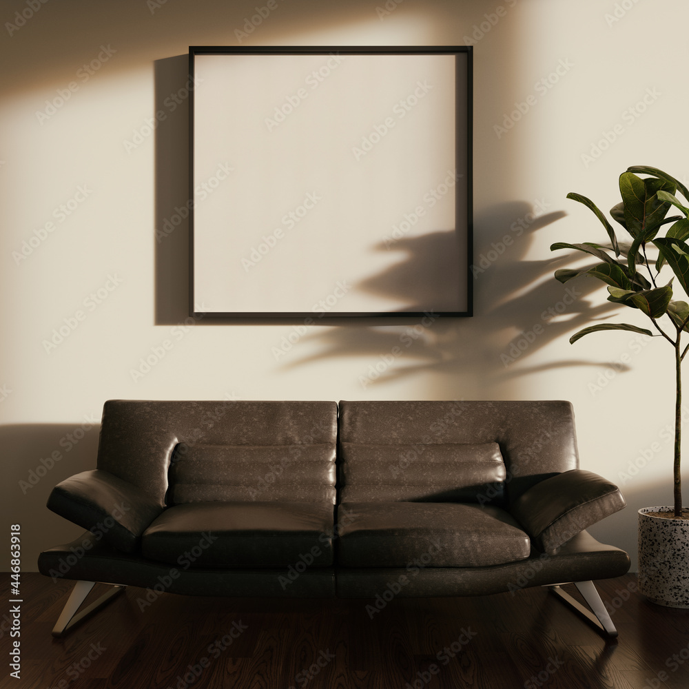 Poster mockup frame in simple retro interior. strong shadows of the rising sun. 3d render. 3d illustration.