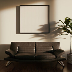 Mockup frame in simple retro interior. Strong shadows of the rising sun. 3D render. 3D illustration.