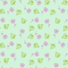 Doodle style strawberries and flowers summer seamless pattern.  Perfect for scrapbooking, textile and prints. Hand drawn  illustration for decor and design.