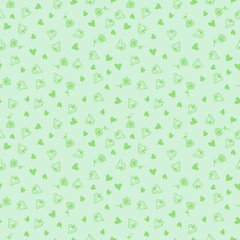 Doodle style strawberries, flowers and hearts green seamless pattern.  Perfect for scrapbooking, textile and prints. Hand drawn  illustration for decor and design.