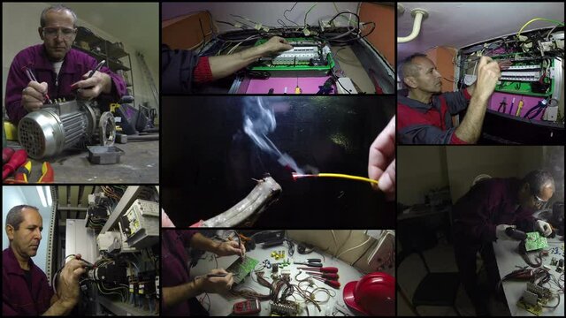 Short circuit sparks and electricians at work in different situation. Danger electric shock risk concept split screen 4K video.