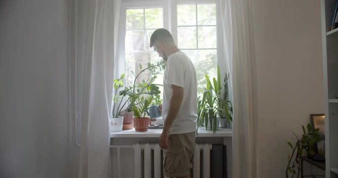 handsome man watering home flowers at the window. beautiful plan