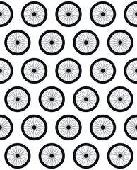 Vector seamless pattern of flat bicycle wheel silhouette isolated on white background