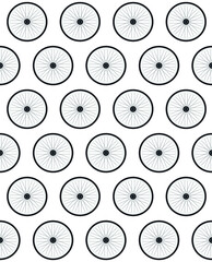 Vector seamless pattern of flat cartoon bicycle wheel isolated on white background