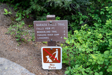 Sign for hikers in Mt. Rainier National Park for Narada Falls Trail, Wonderland Trail and Longmire