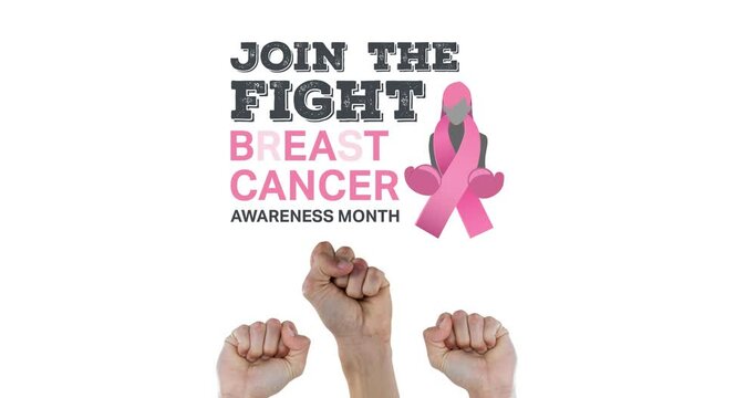 Animation of pink breast cancer ribbon logo with breast cancer text over raised fists