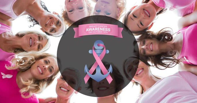 Animation of pink ribbon anchor logo with breast cancer text over diverse group of smiling women