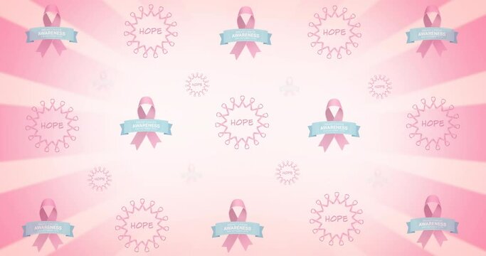 Animation of multiple pink ribbon logo and breast cancer text glowing on pink background